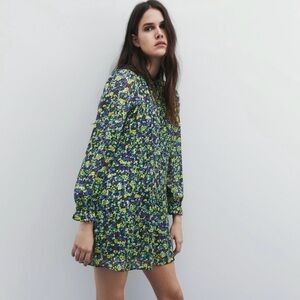 Zara Blue and Green Floral Long Sleeve Dress